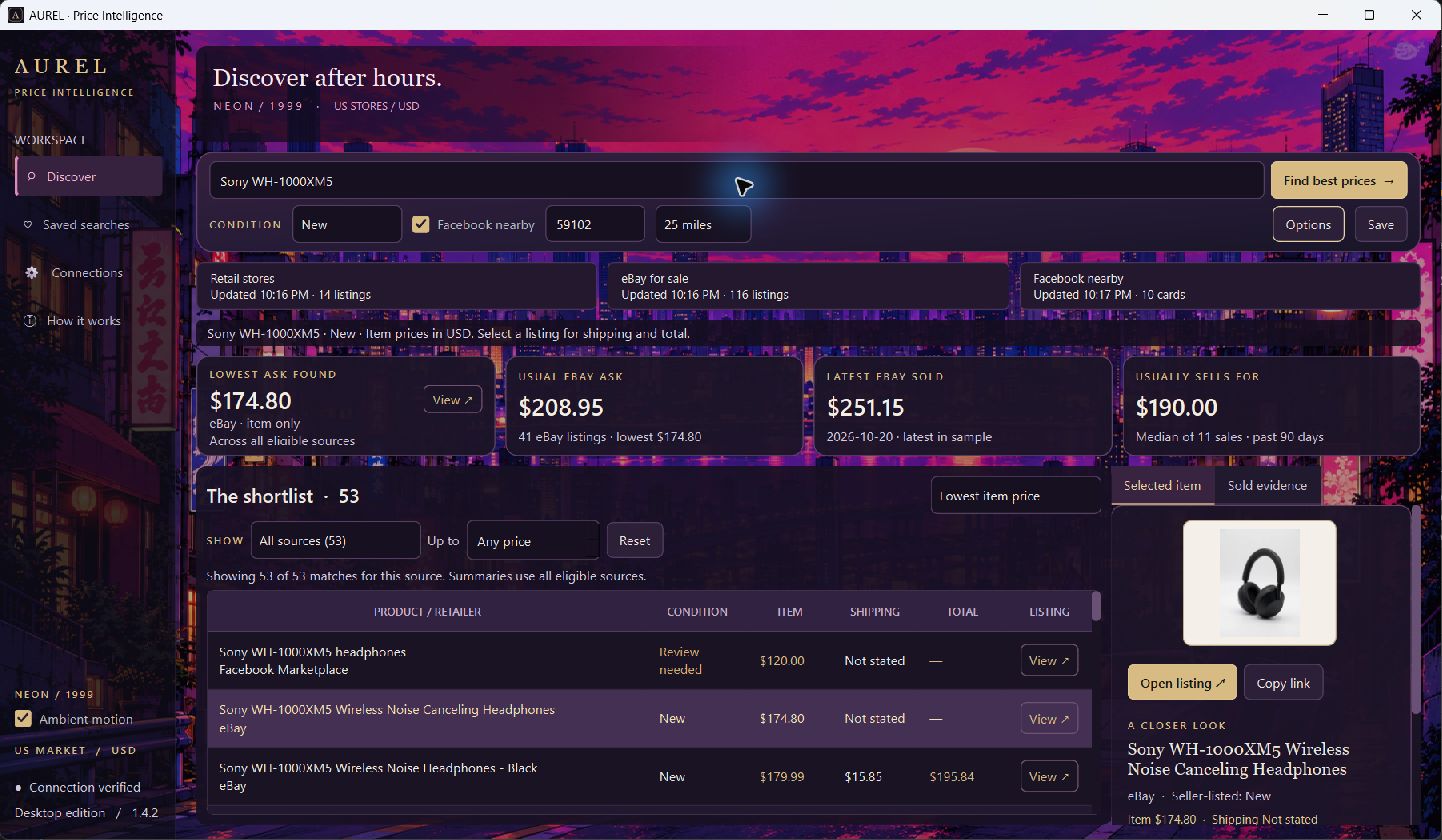 AUREL desktop price finder with a neon-city background and comparison results