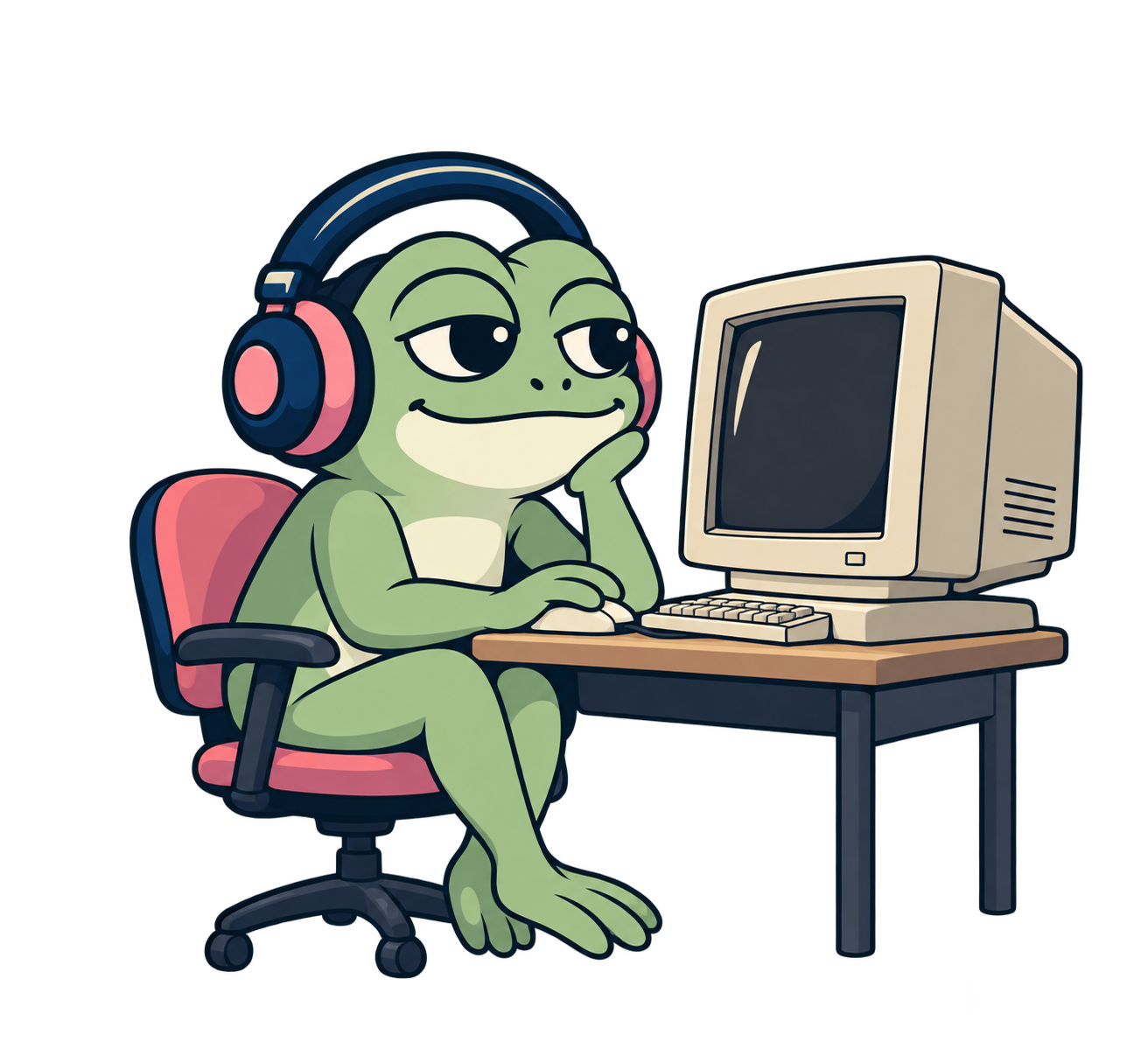 Our headphone-wearing frog at a vintage computer beside a coastal night scene
