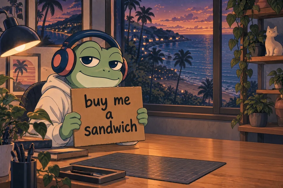 Our headphone-wearing frog holding a sign that says buy me a sandwich