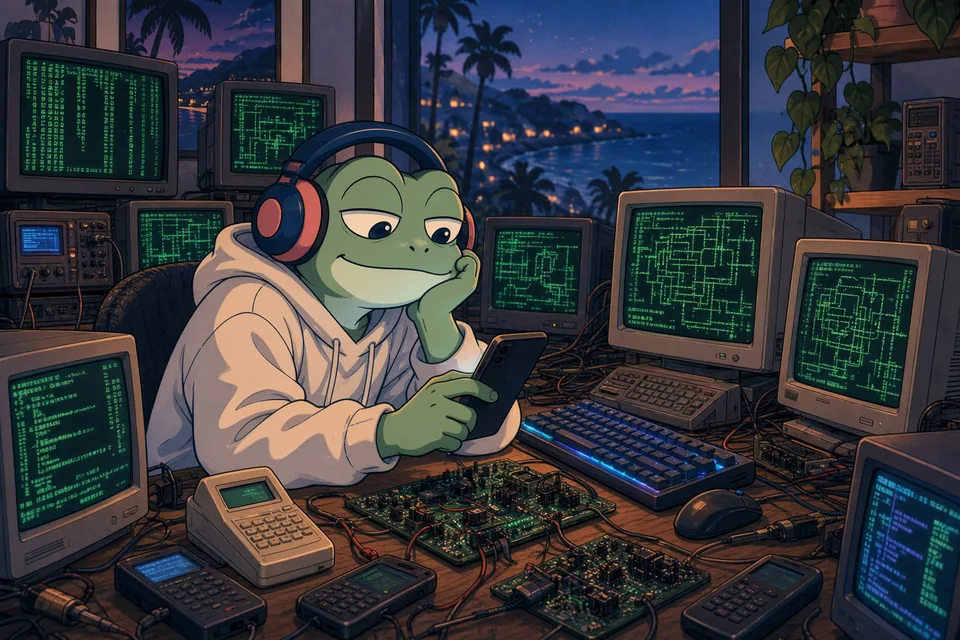 Illustration of the Neon Blotz frog at an electronics workbench
