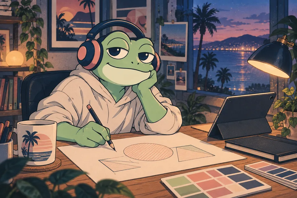 Our headphone frog at a creative workspace