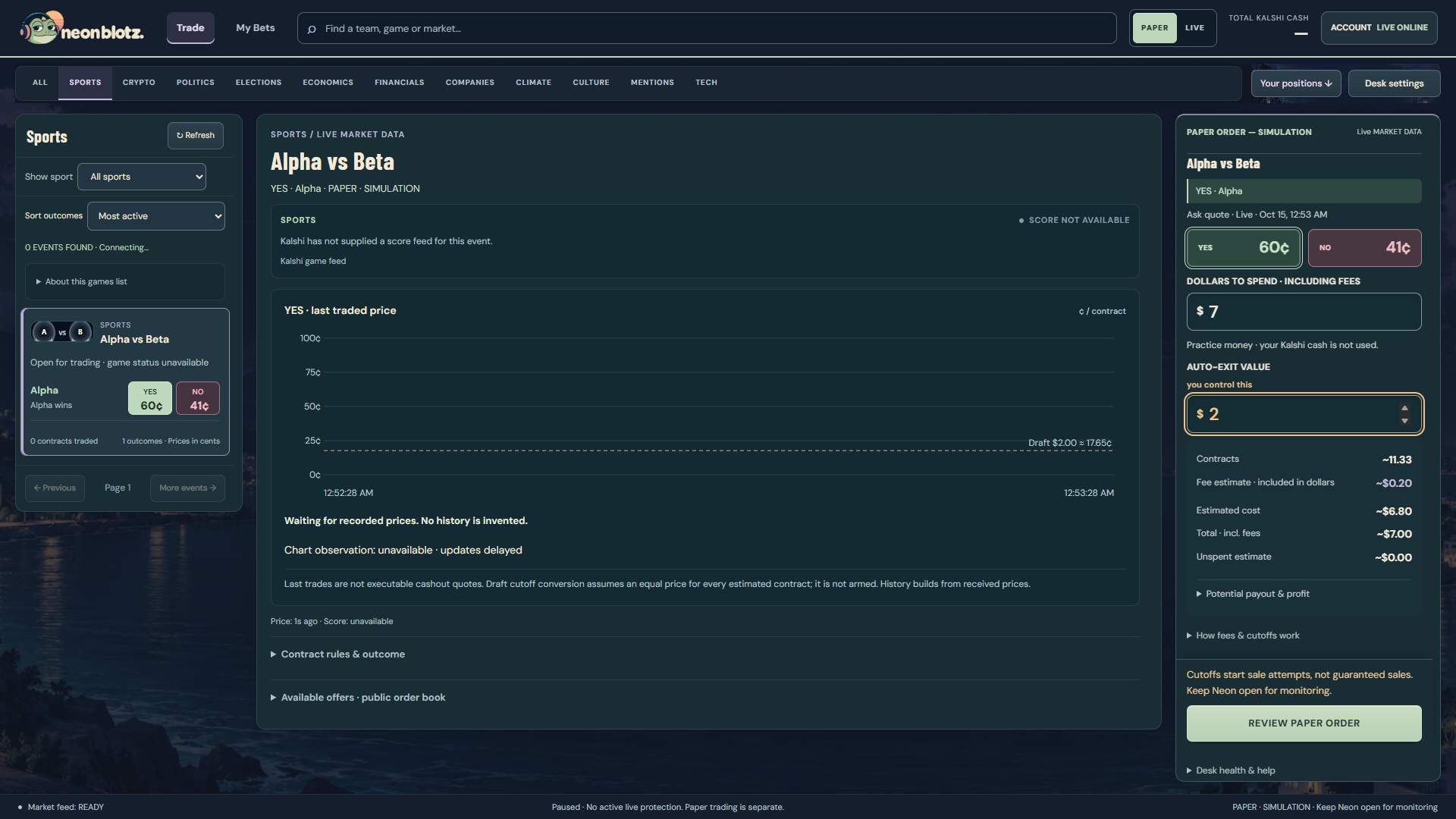 Neon Blotz Windows desktop preview using synthetic market data
